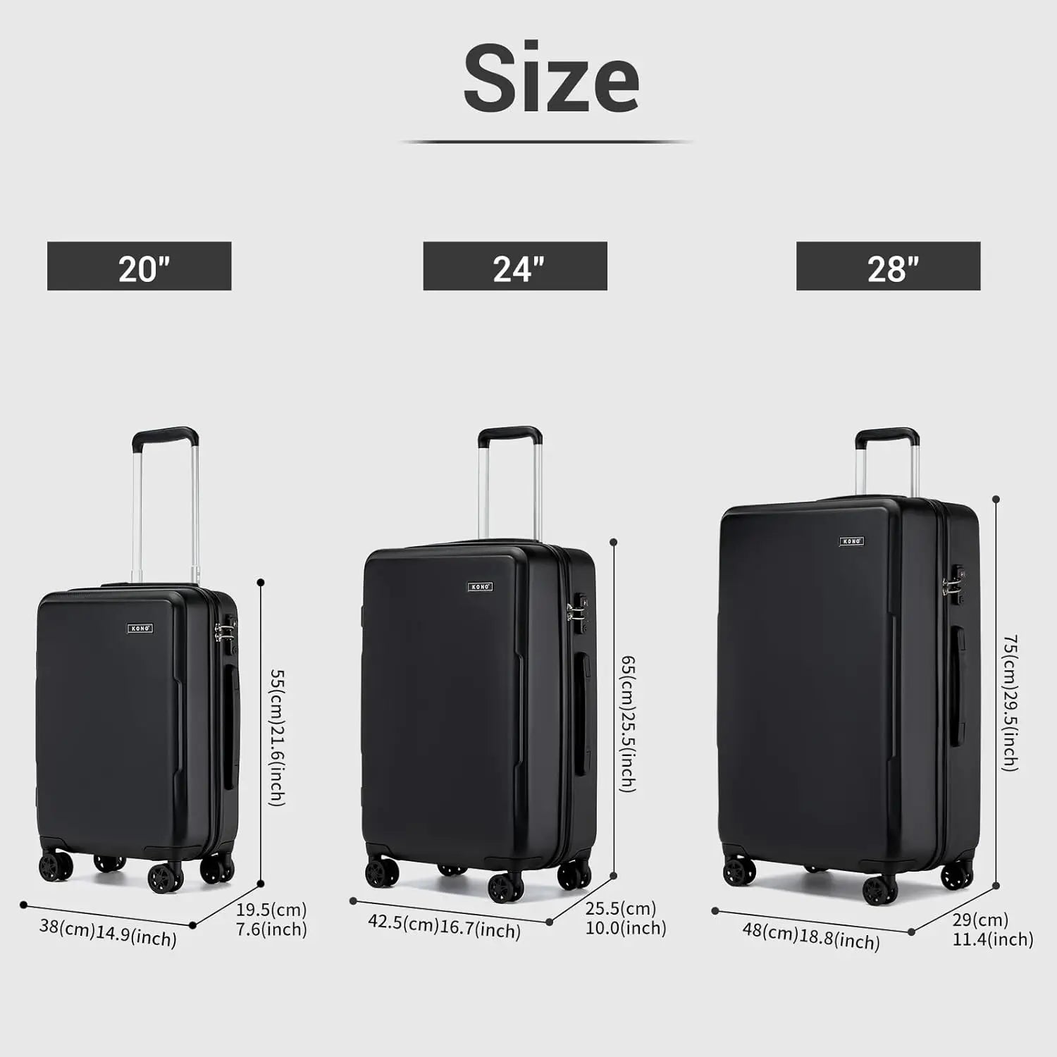 Valise légère à coque rigide avec serrure KONO – TSA, 4 roulettes multidirectionnelles, S-M-L