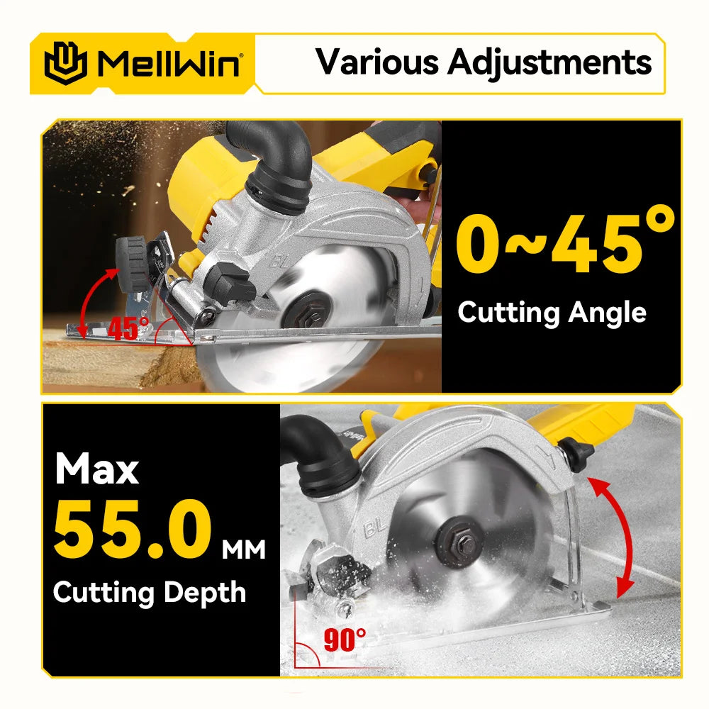 Scie circulaire électrique sans balais MELLWIN 6 pouces (150 mm) – scie portative sans fil pour bois et matériaux divers, compatible batterie Makita 18 V / 21 V