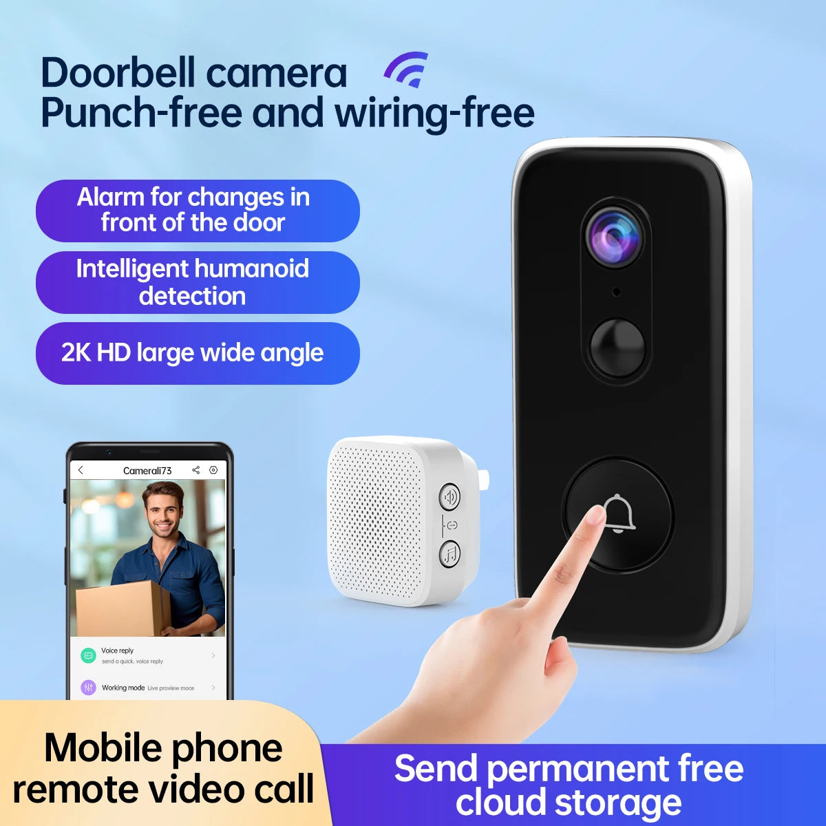 OAN 2K HD Wireless Video Doorbell Smart Doorbell Video Home Intercom HD Night Vision 2.4G WIFI