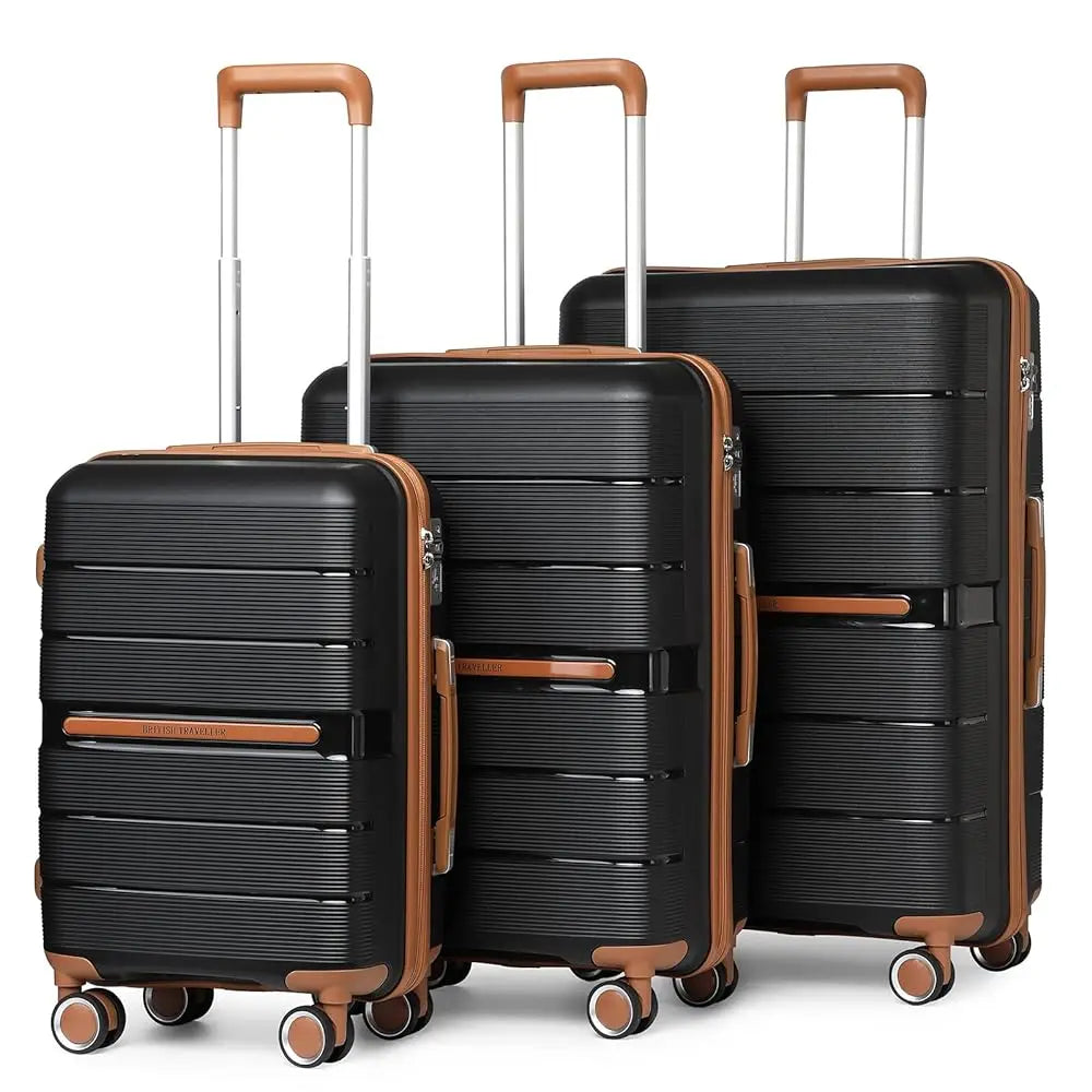 Ensemble de valises rigides 3 pièces 100 % PP British Traveller – 8 roues spinner, serrure TSA, bleu foncé