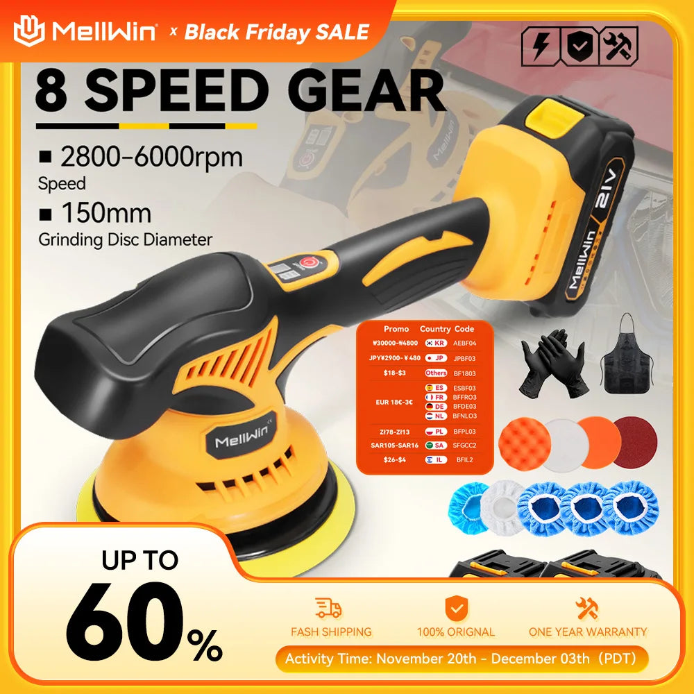 Polisseuse électrique sans fil MELLWIN – 150 mm, 8 vitesses, polissage, ponçage et épilation pour voiture, adaptée aux broches de batterie 18–21 V