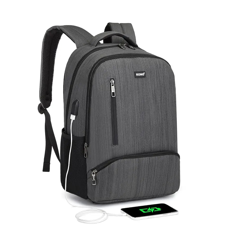 Sac à dos de voyage pour ordinateur portable KONO – port USB, hydrofuge, travail, école et déplacements