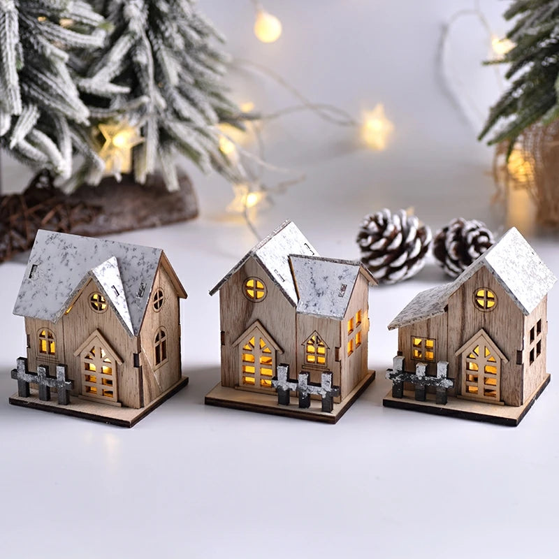 Maison en bois avec lumière LED pour Noël, décorations de joyeux Noël, ornements d'arbre de Noël, cadeau pour enfants, nouvel an