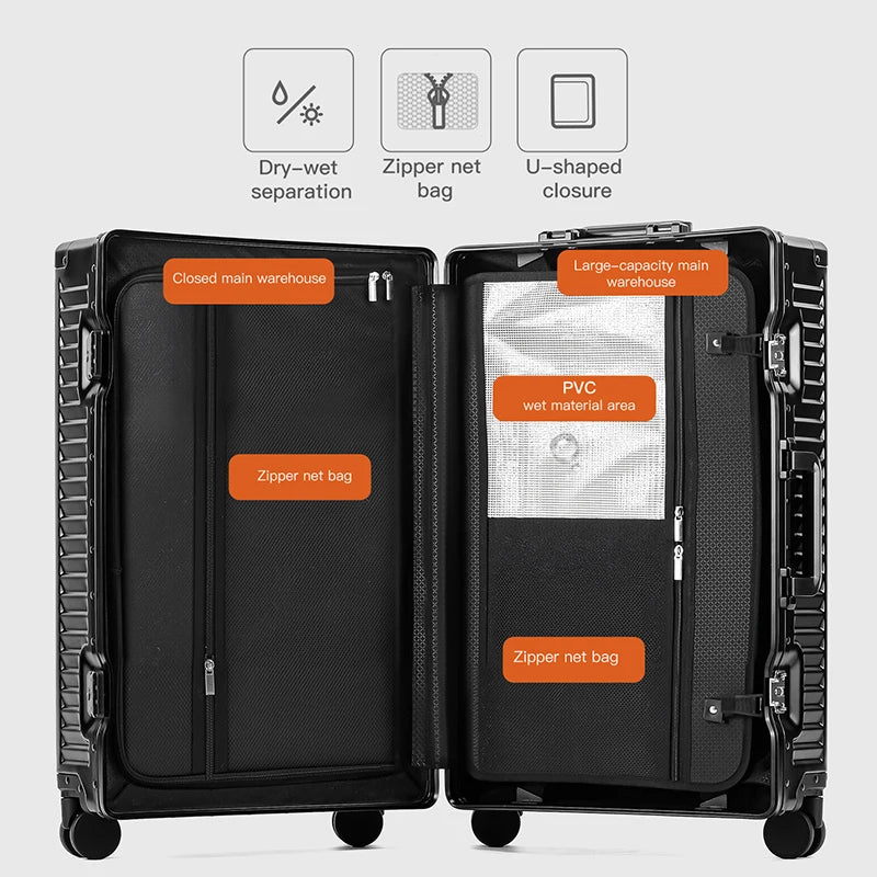 Valise rigide en alliage d’aluminium et de magnésium SUSHIMU – bagage à roulettes avec ouverture avant, 20 et 24 pouces