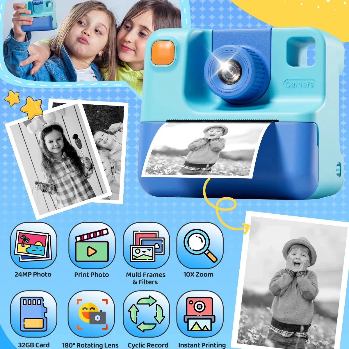 Kids Instant Camera, 3 Rolls Printing Paper, 32GB Card, 1080P Digital Camera