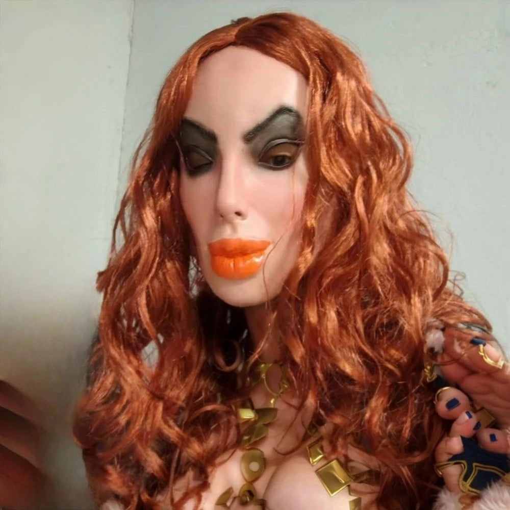 Masque facial féminin en Latex, cheveux blonds bouclés réalistes, avec perruque, Halloween, Crossdressing, Sissy, transgenre, accessoire de Costume pour dame
