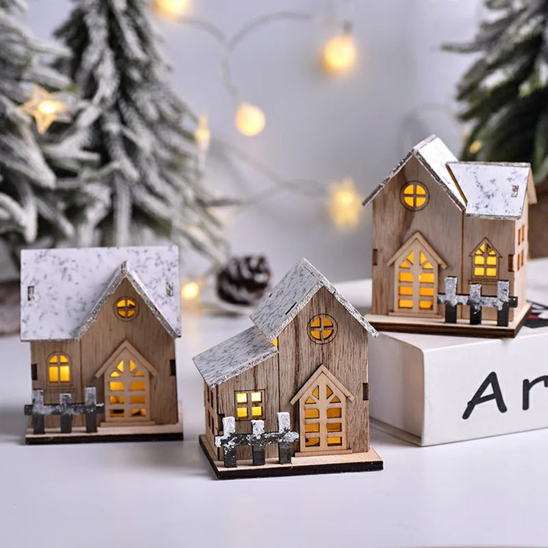 Maison en bois avec lumière LED pour Noël, décorations de joyeux Noël, ornements d'arbre de Noël, cadeau pour enfants, nouvel an