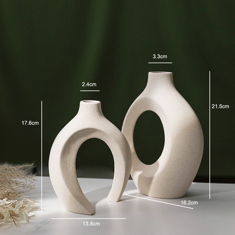 White Ceramic Circular Hollow Vase for Home Decor Wooden Flower Pot Office Living Room Home Decoration Accessories