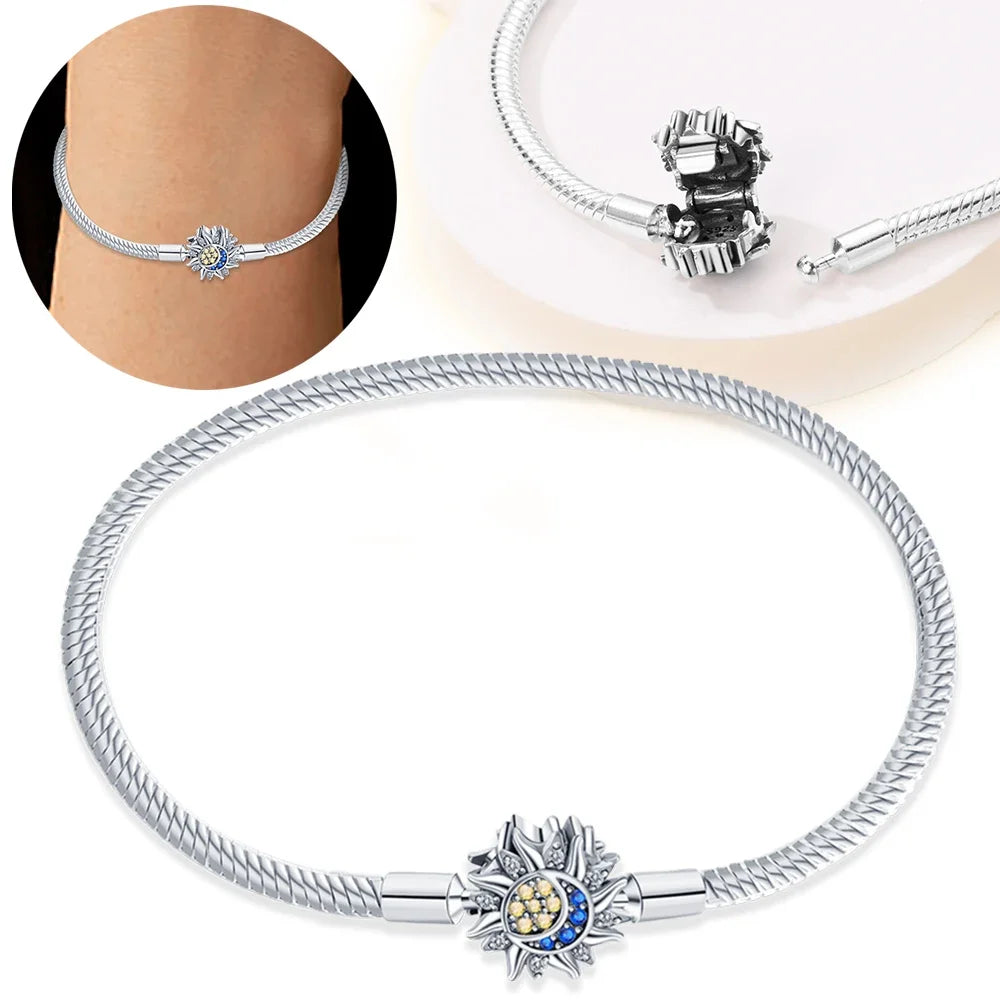 Women's Silver Bracelet Stars Moon Sun DIY Charms Beads Fine Jewelry Gift Original 17-20cm