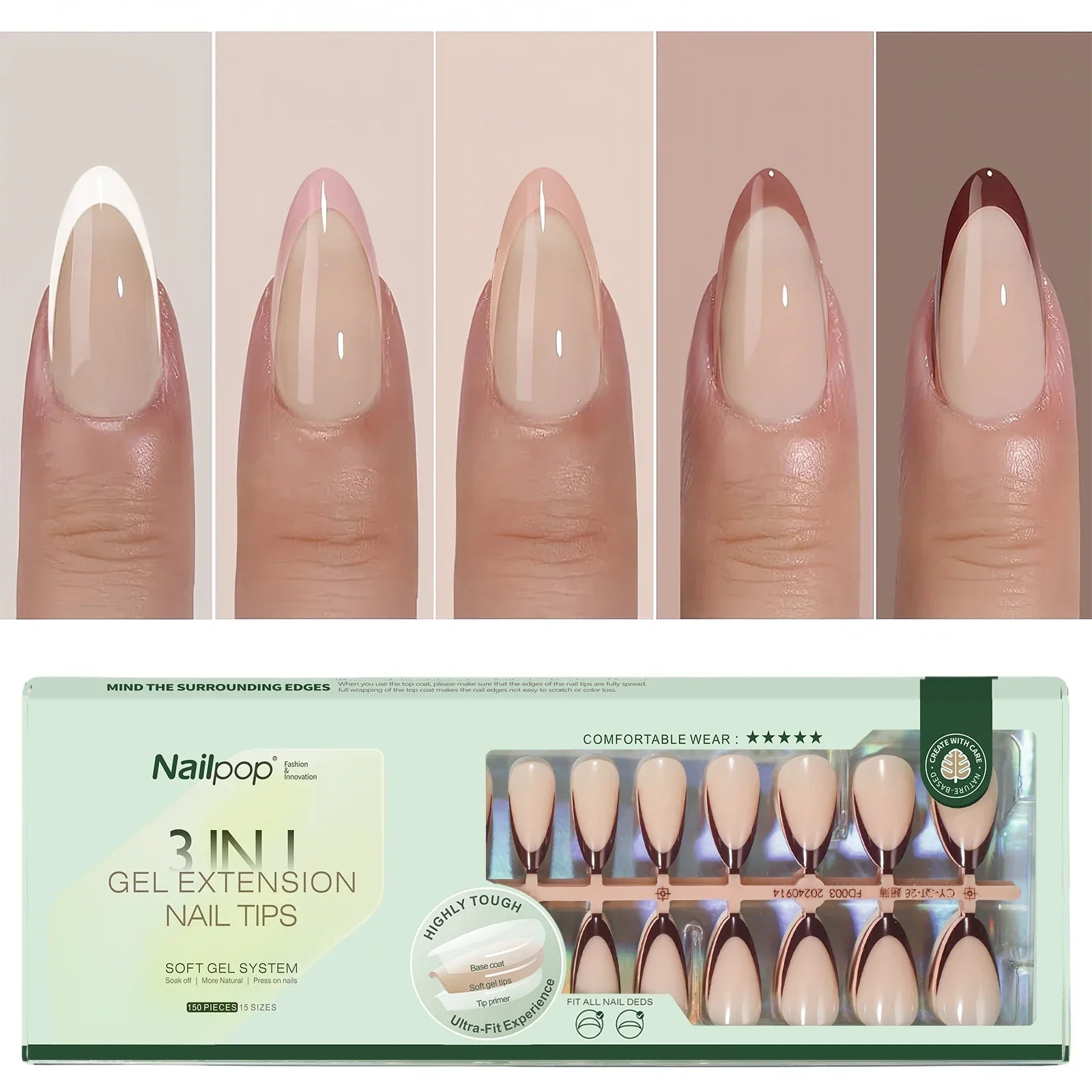 Pointes d’Ongles en Gel Français Pré-Colorées - Nailpop 150 pièces
