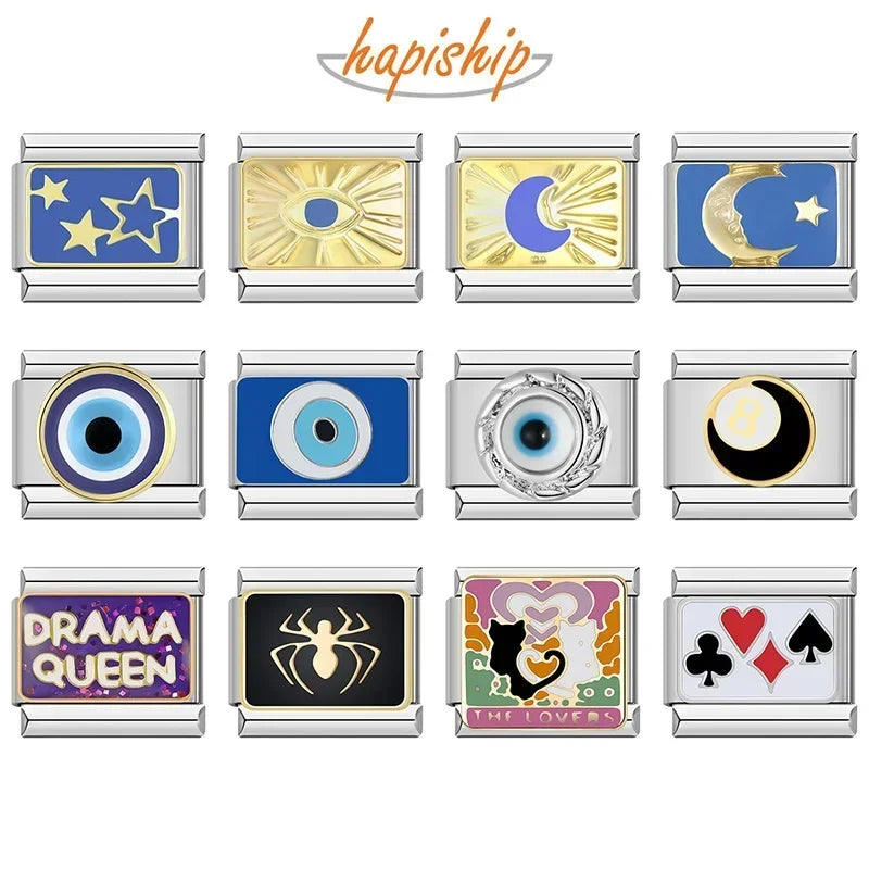 Customizable bracelet, Hapiship charms, eye, moon, star, fish, spider, poker, queen 