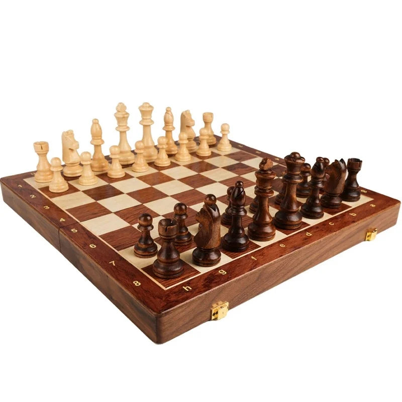 Solid Wood Chess Set with 2+ Pieces, High Quality Folding Board, Match Game, Entertainment, 39x39cm, 15.35inch