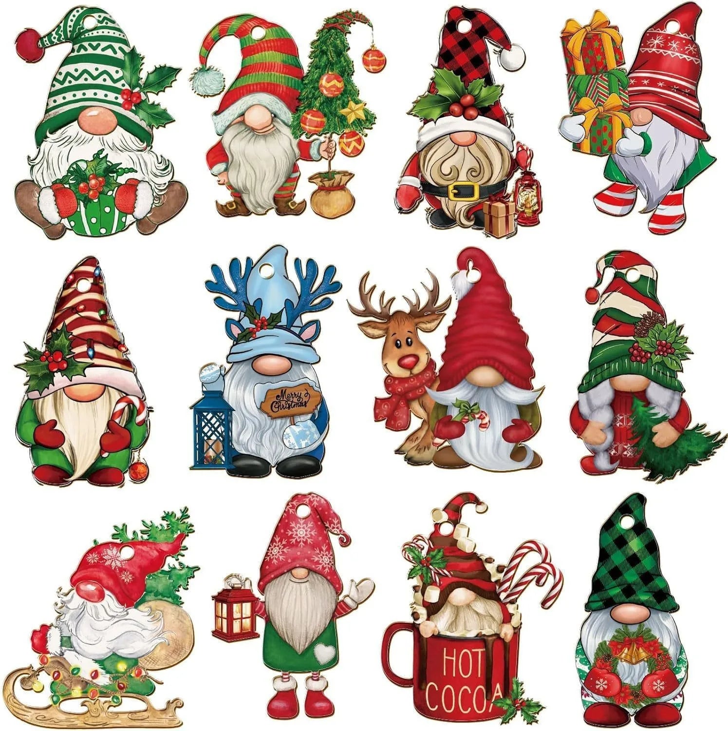 Pendentifs Gnome de Noël en bois, lot de 12, décorations suspendues pour arbre de Noël