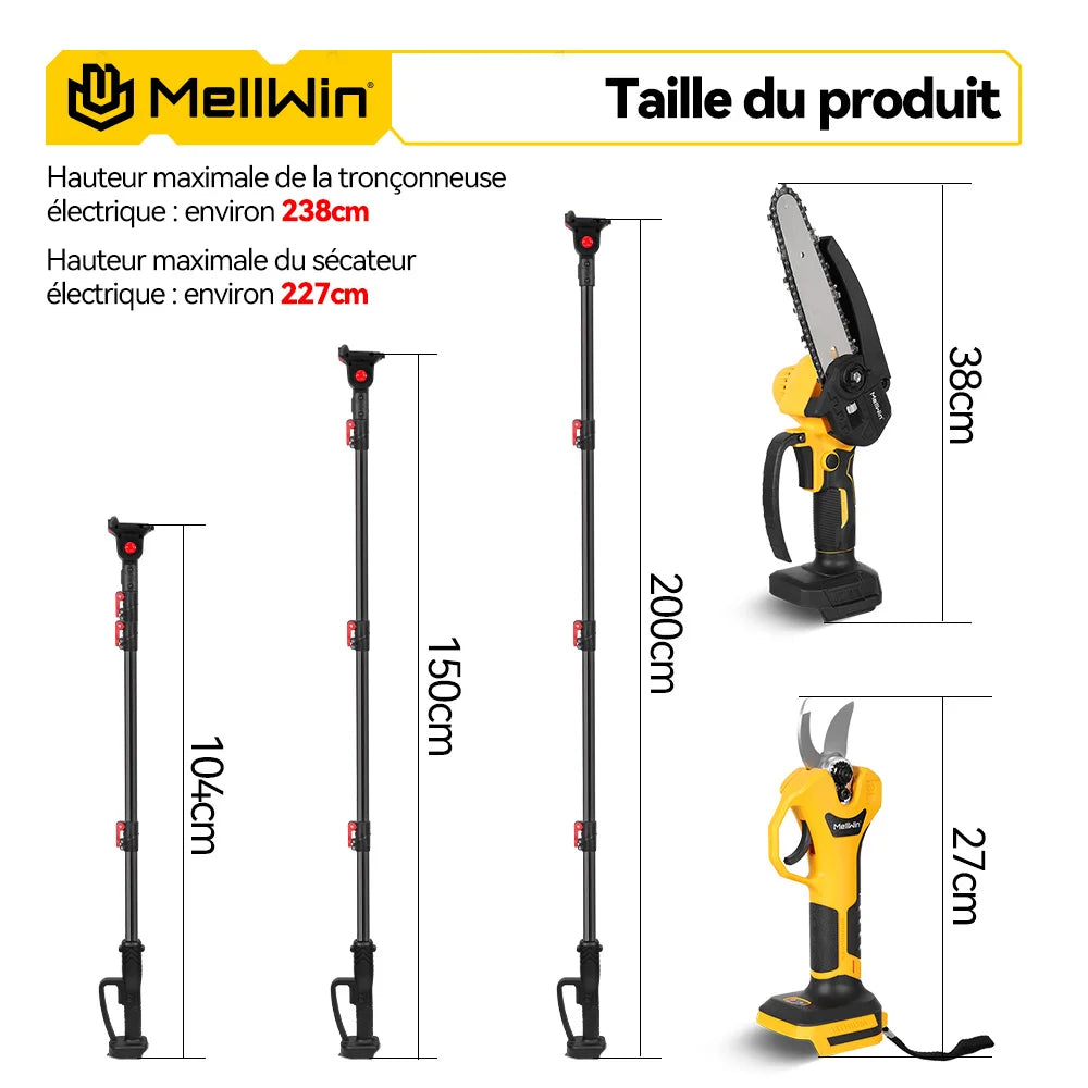 Tronçonneuse et ciseaux à branches télescopiques MELLWIN 2 m – sans balais, tronçonneuse électrique et cisailles d’élagage pour arbres et jardins, compatible Makita 18 V / 21 V