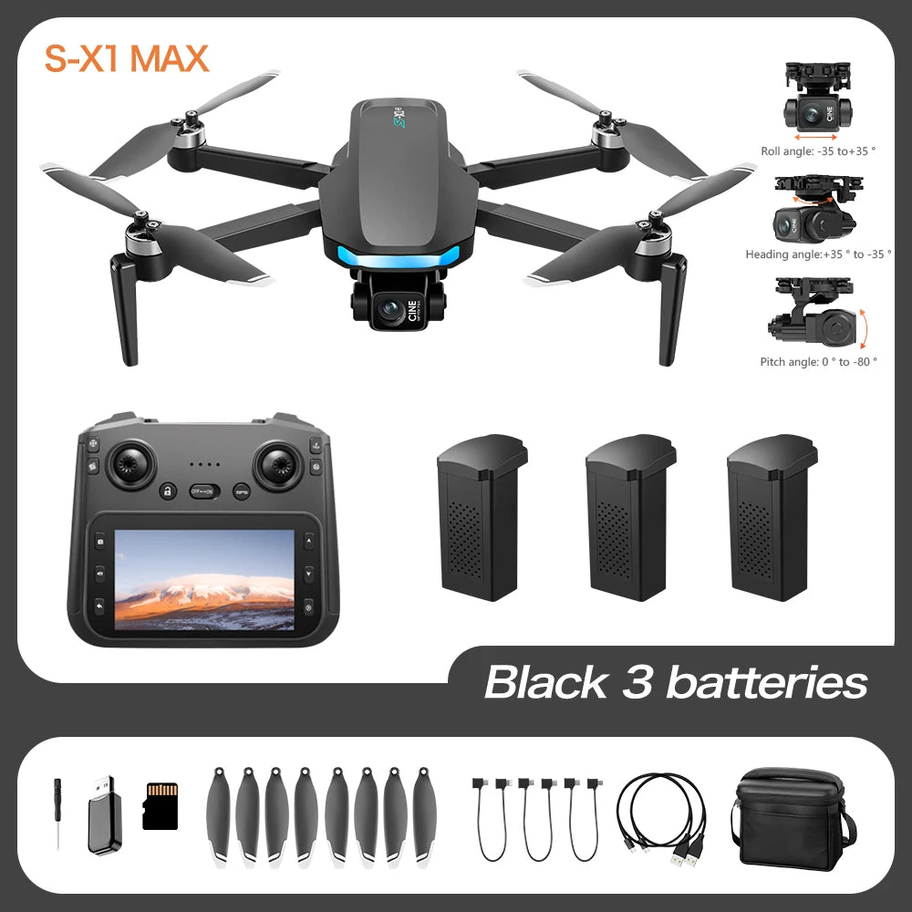 2025 S-X1 GPS Pro Drone – 8K HD, Caméra 3 Axes avec Cardan EIS, Télécommande Écran 5G, Quadrirotor RC