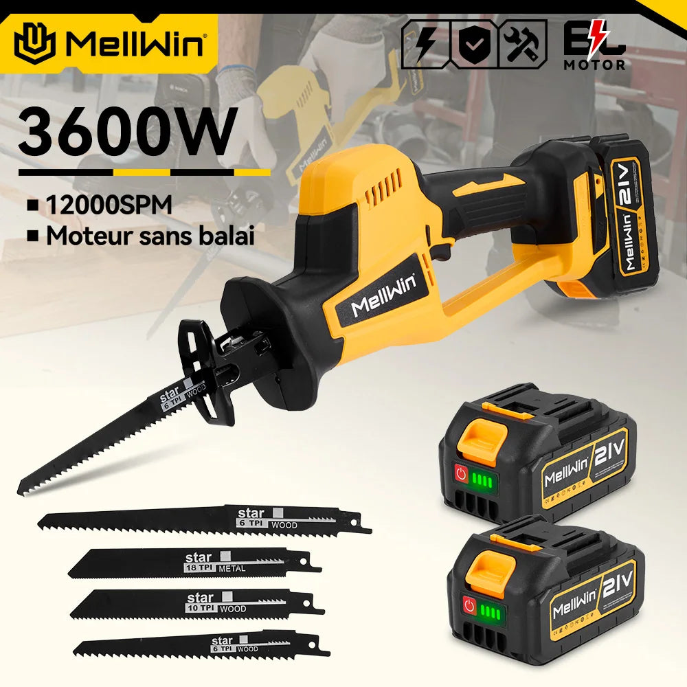 MELLWIN 3600W scie alternative électrique sans brosse outil de scie de coupe de tuyau en bois et en métal pour broche de batterie Makita 18V