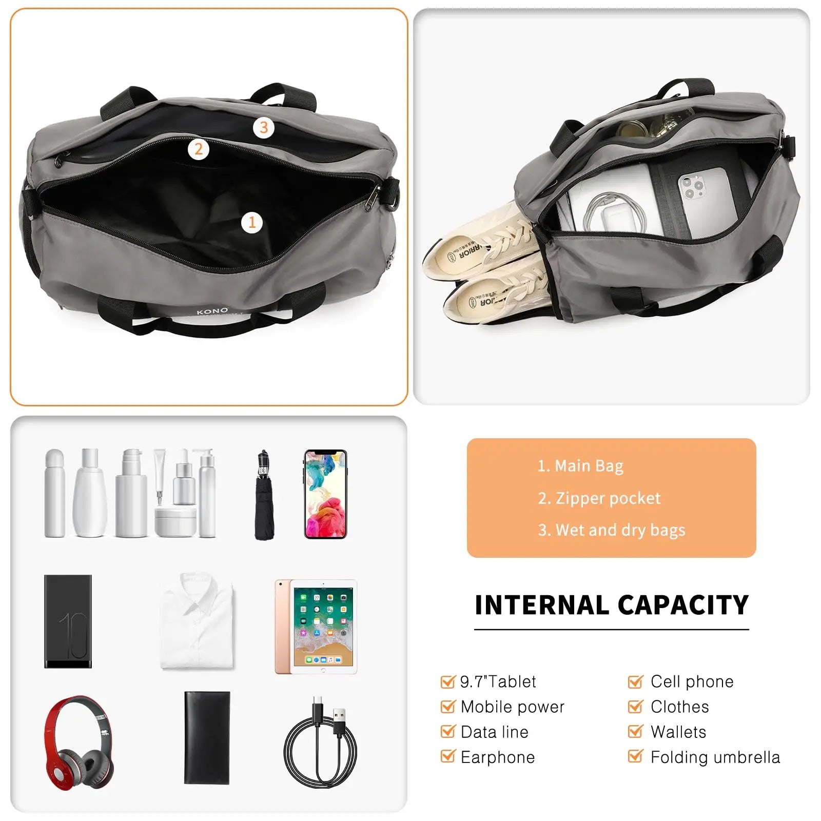 Kono – Sac à main étanche avec bandoulière et sac à chaussures, idéal pour les voyages en avion, Ryanair et EasyJet, 40 × 20 × 25 cm