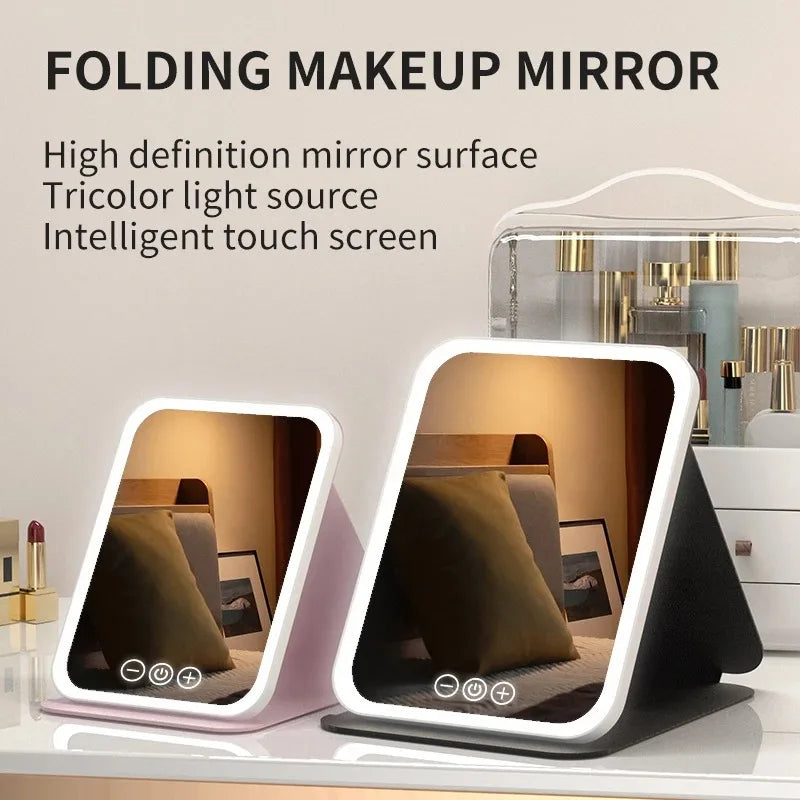 Miroir de Maquillage LED Pliable – 3 Couleurs, Tactile, Rechargeable, Voyage & Maison