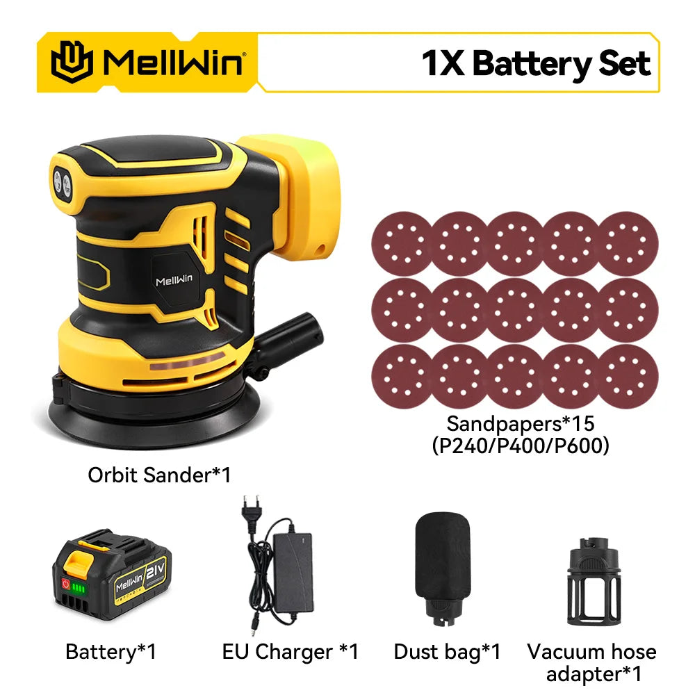 Ponceuse orbitale électrique MELLWIN 125 mm – 12000 tr/min avec boîte à poussière, ponçage du bois de 5 pouces pour Makita 18 V, broche de batterie