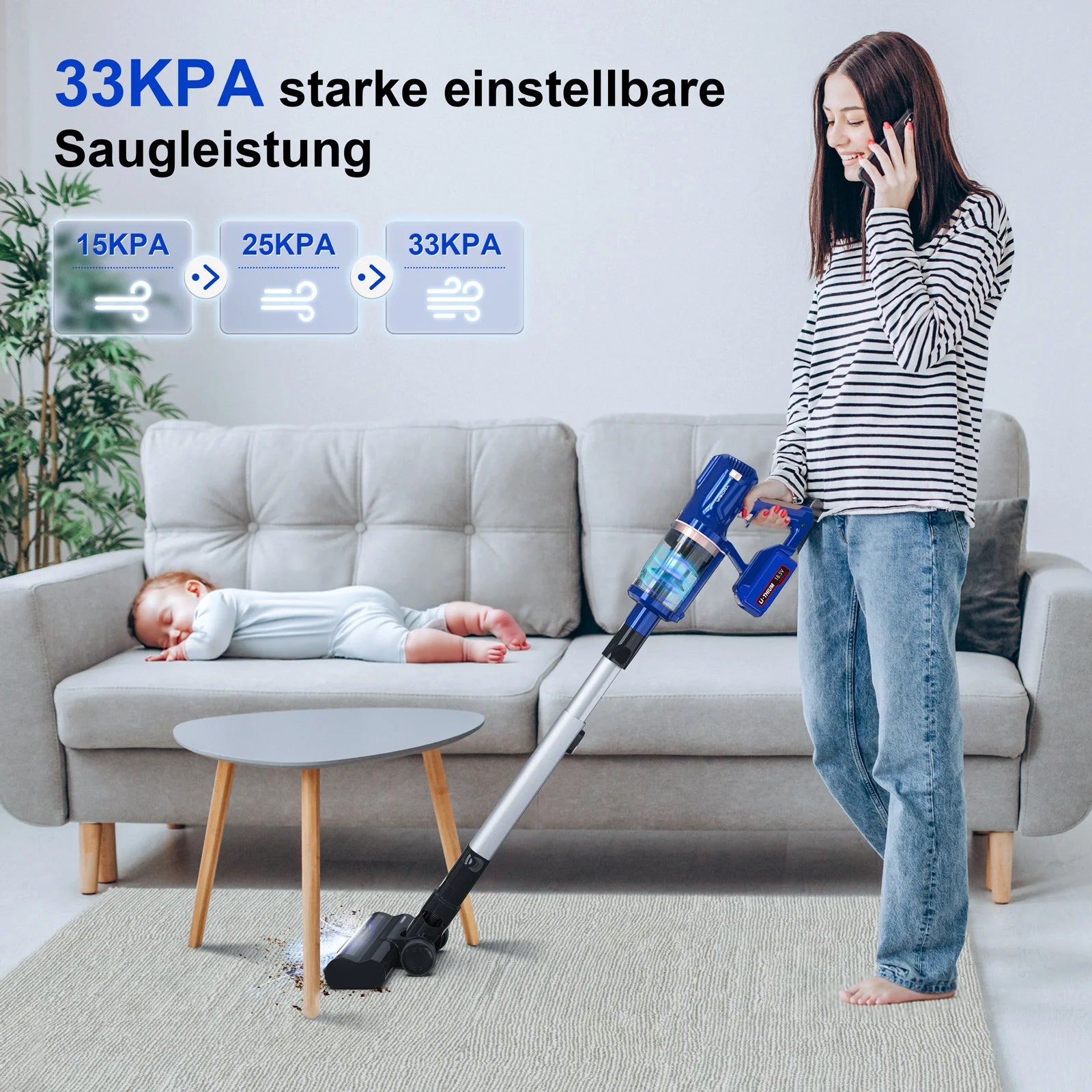 Aspirateur balai sans fil 300 W 30 kPa avec écran LED, batterie 4000 mAh, autonomie jusqu'à 60 minutes.
