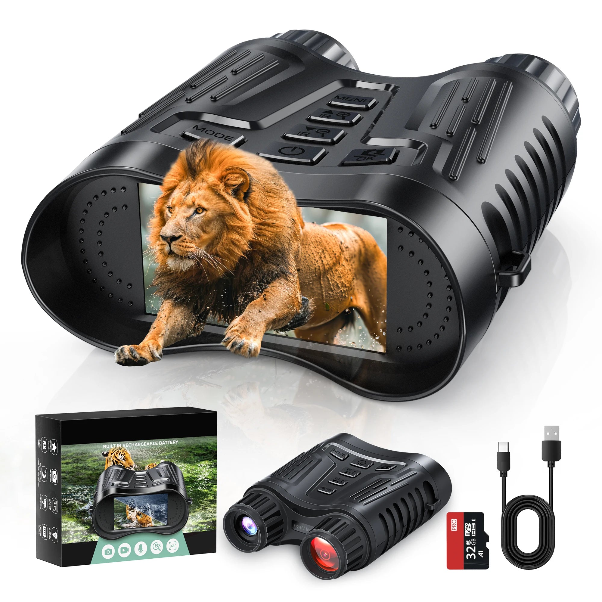 Jumelles de Vision Nocturne 4K UHD – Zoom 8X, Portée 300 m, Caméra Infrarouge, Idéal Chasse, Camping et Bateau