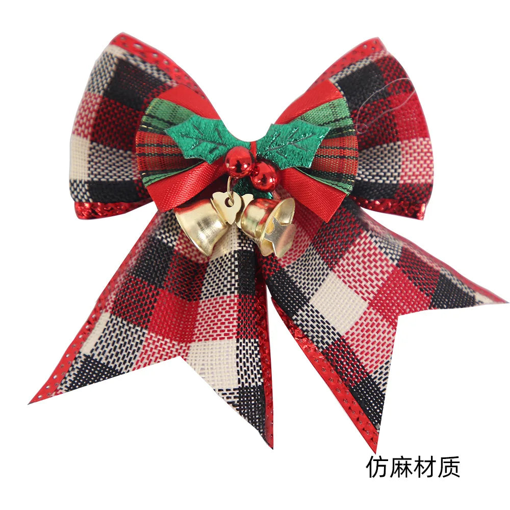 Noeud de ruban de lin vintage, décorations d'arbre de Noël, nœuds de cloche, décoration de boîte cadeau de fête à la maison, paquet de 4 pièces