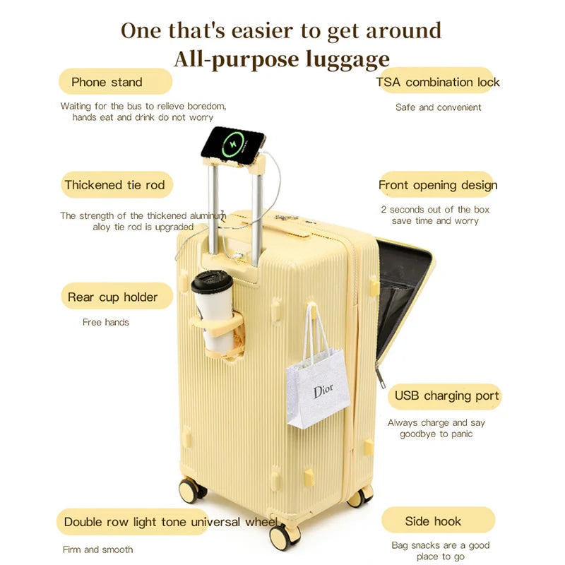 Valise rigide en PC avec cadre en aluminium SUSHIMU– bagage à roulettes à large poignée, 20, 24 et 26 pouces