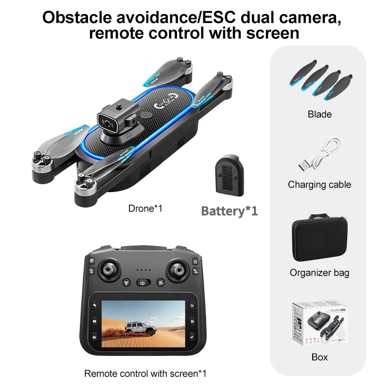 Drone S186 2025 – Double Caméra 8K HD avec Écran, Moteur Sans Balais et Évitement d’Obstacles