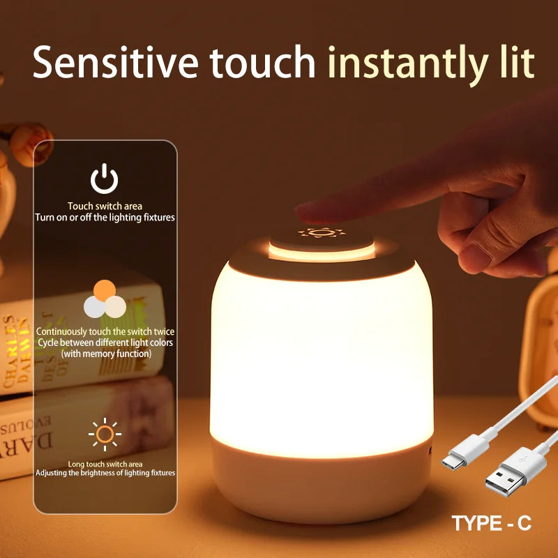 Portable USB LED Night Light with Touch Sensor, Bedroom Lamps, Bedside Lamp, Nightstand Lamp, Desk Lighting