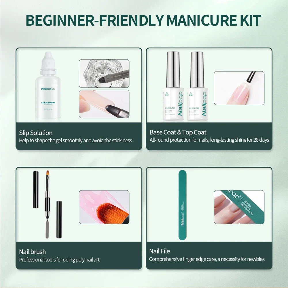 Kit PolyGel Extension d’Ongles 6 Couleurs avec Pinceau, Formes, Base et Top Coat