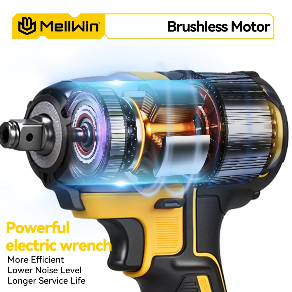 Clé à chocs électrique MELLWIN 520 Nm – 3-en-1 sans fil, brushless 800 W, perceuse tournevis et clé à chocs, compatible batterie Makita 18 V