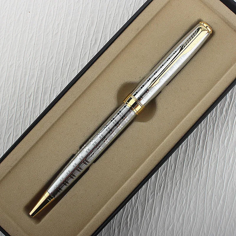 Metal Ballpoint Pen, Stainless Steel, Gold Trim, Writing Gift, Stationery, School and Office Supplies 