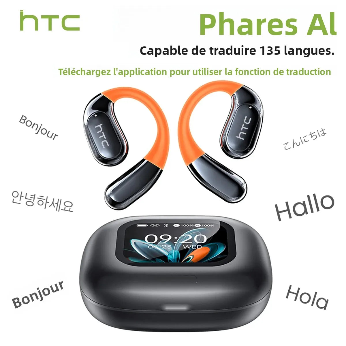 Écouteurs Bluetooth HTC NE27, traducteur IA, casque de sport OWS, écran LCD, casque sans fil, crochet d'oreille lumineux, longue durée de vie