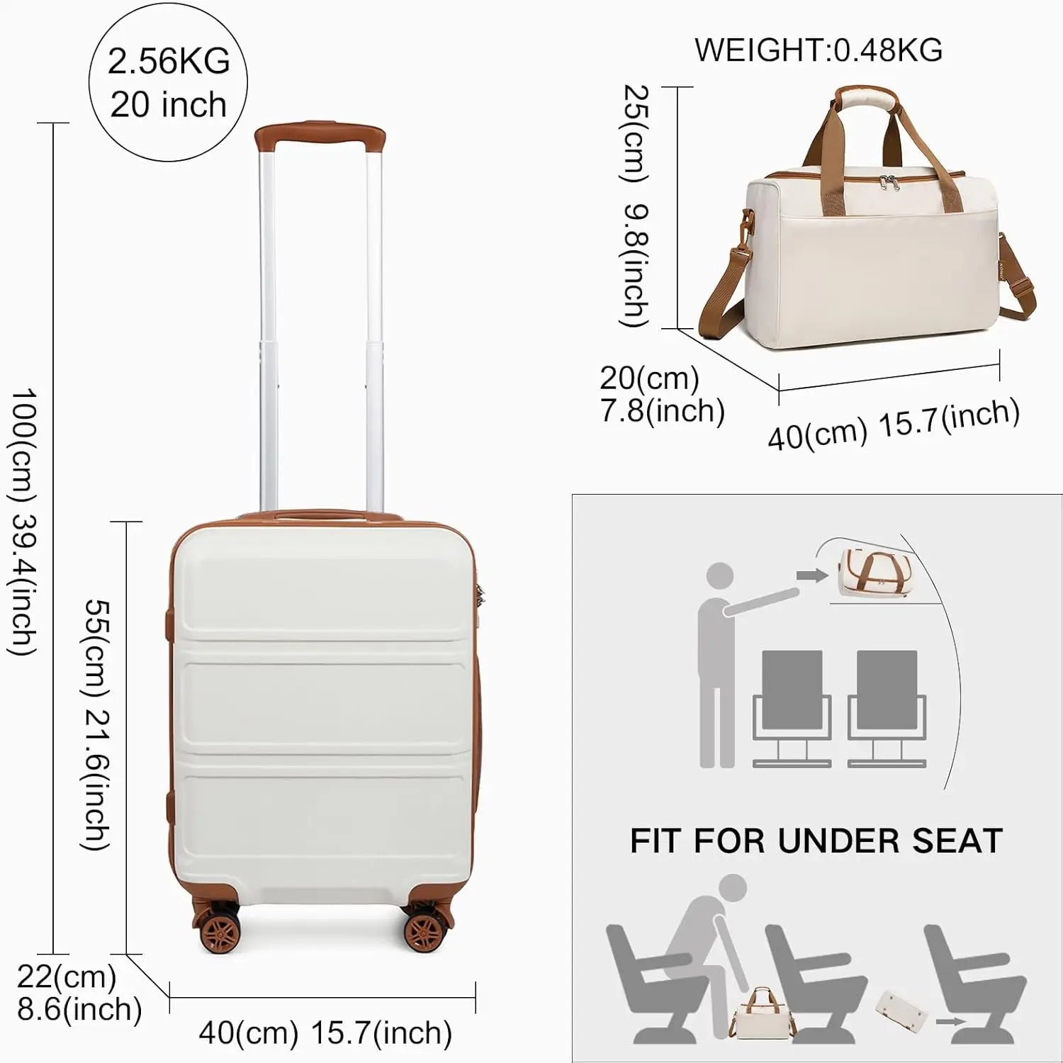 Ensemble de bagages rigides 2 pièces avec sac de voyage S/M/L KONO – roulettes 360°, serrure TSA, valises S-M-L