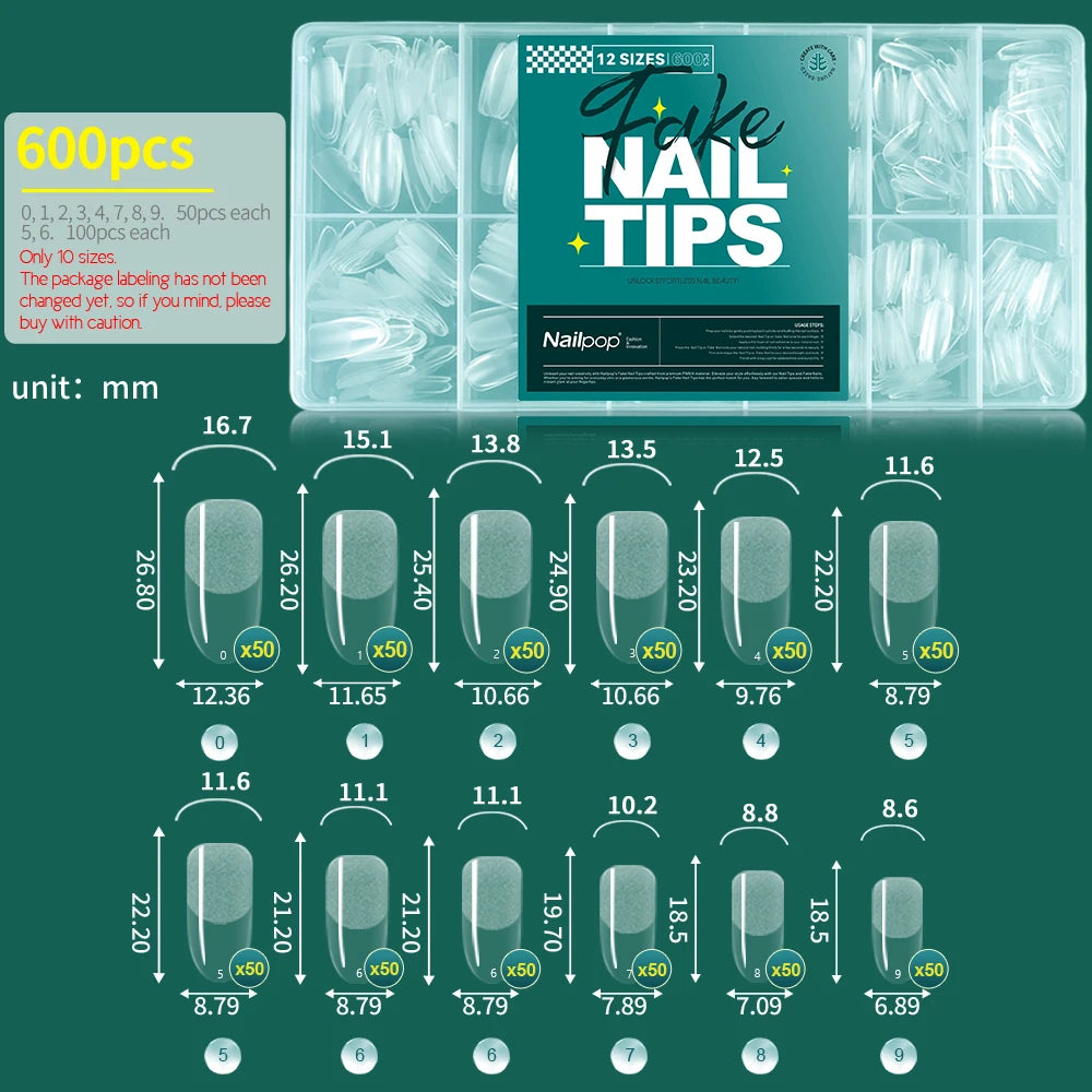 Faux ongles courts demi-couverture, extra court, carré, transparent, Gel, pré-forme avec poignées, 600 pièces