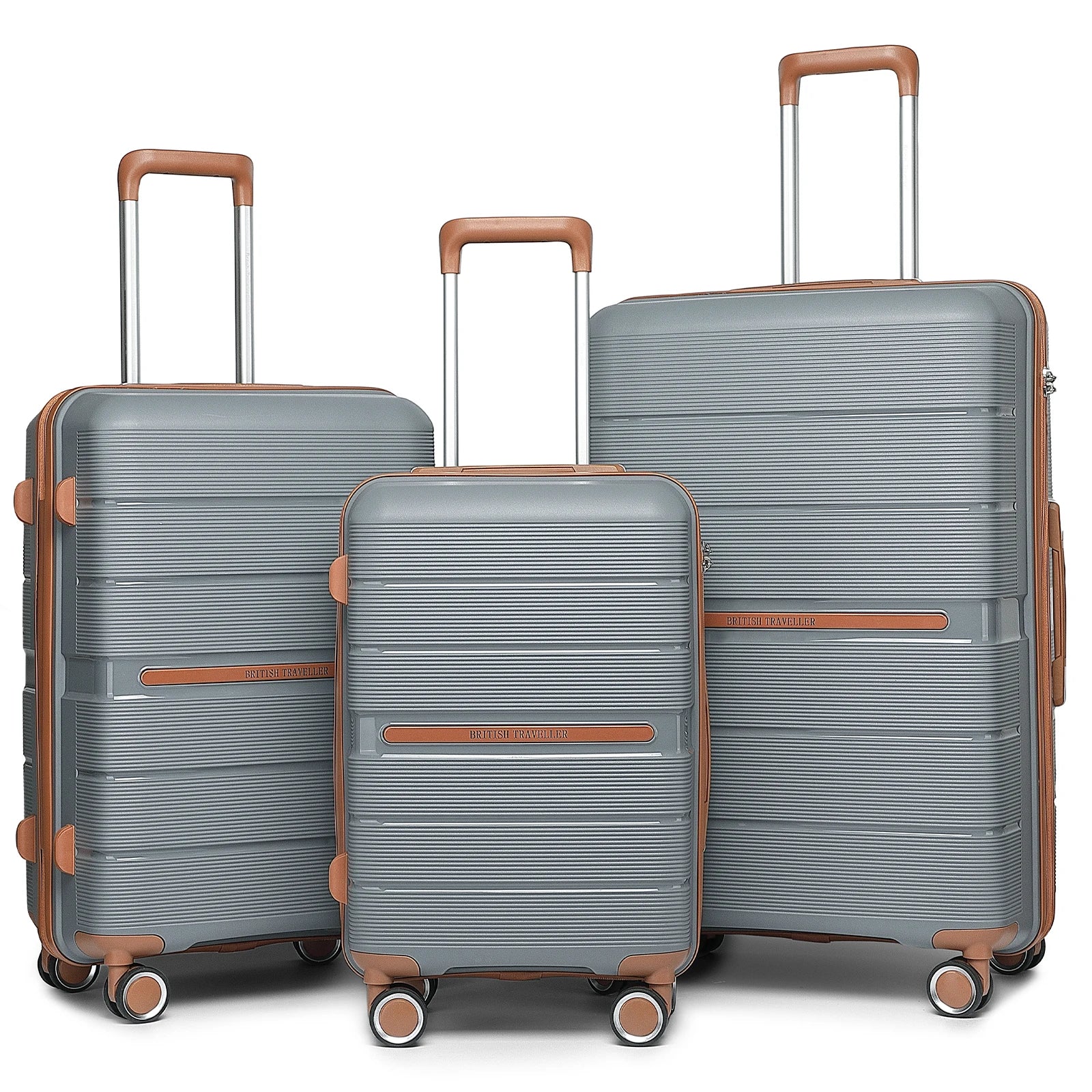 Ensemble de valises rigides 3 pièces 100 % PP British Traveller – 8 roues spinner, serrure TSA, bleu foncé