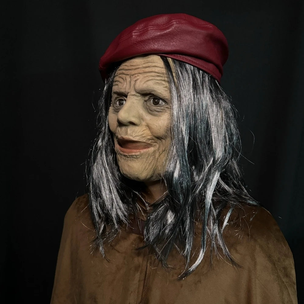 Masque d'Halloween effrayant en caoutchouc pour Grand-mère – Bouche Mobile, Vieille Femme / Sorcière, avec Perruque et Béret Rouge