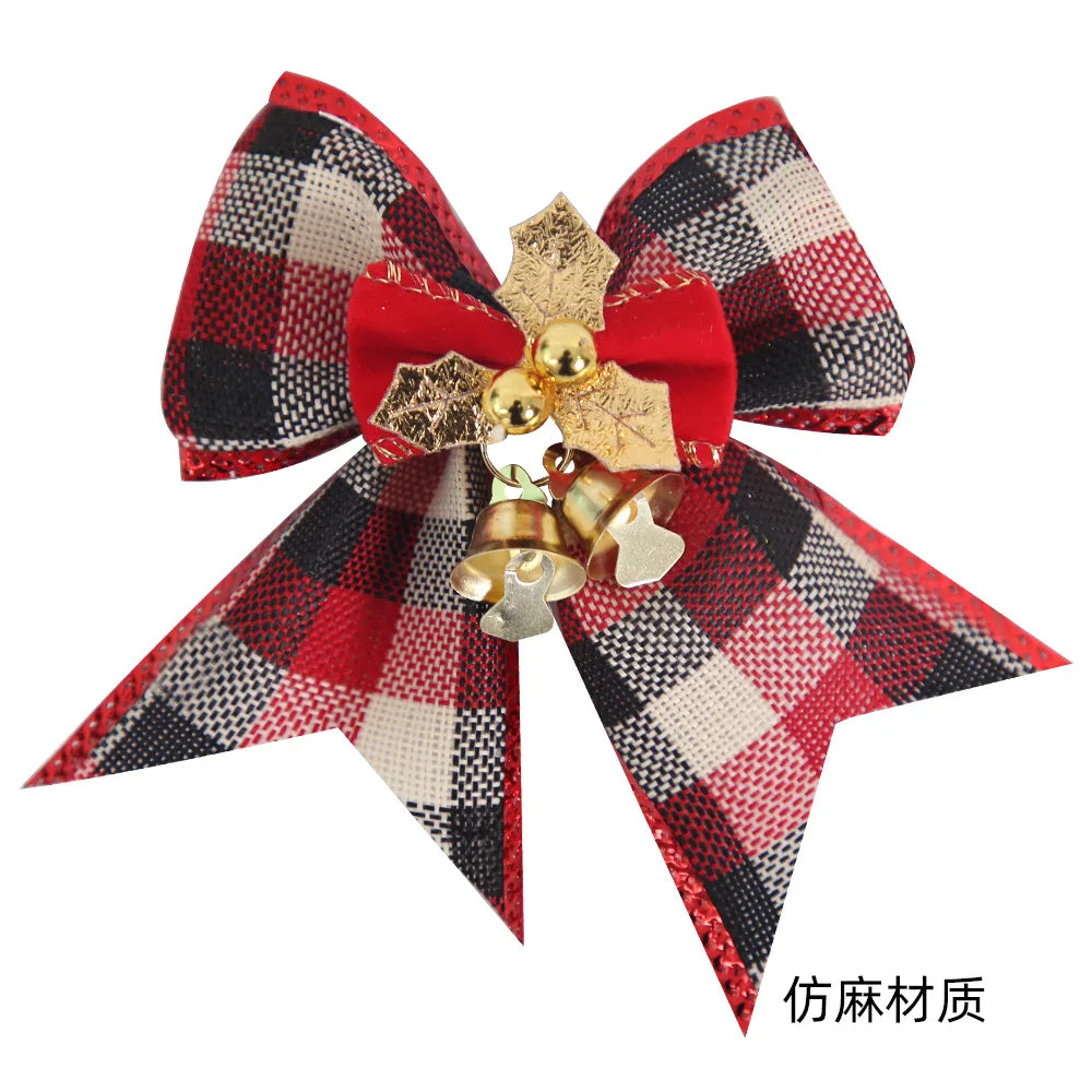 Noeud de ruban de lin vintage, décorations d'arbre de Noël, nœuds de cloche, décoration de boîte cadeau de fête à la maison, paquet de 4 pièces