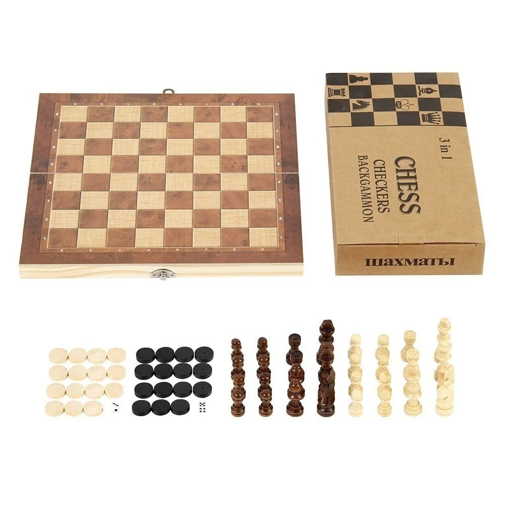 New Arrival 3 in 1 Wooden International Chess Set Foldable Chessboard Brain Training Toy Premium Pieces 