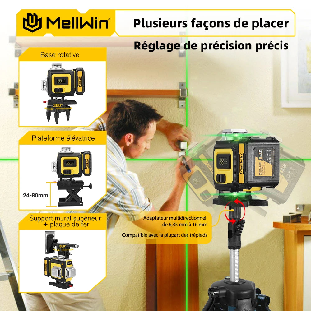 MELLWIN professionnel 16 lignes 4D niveau Laser avec télécommande APP autonivelant 360 niveau Laser puissant horizontal et vertical