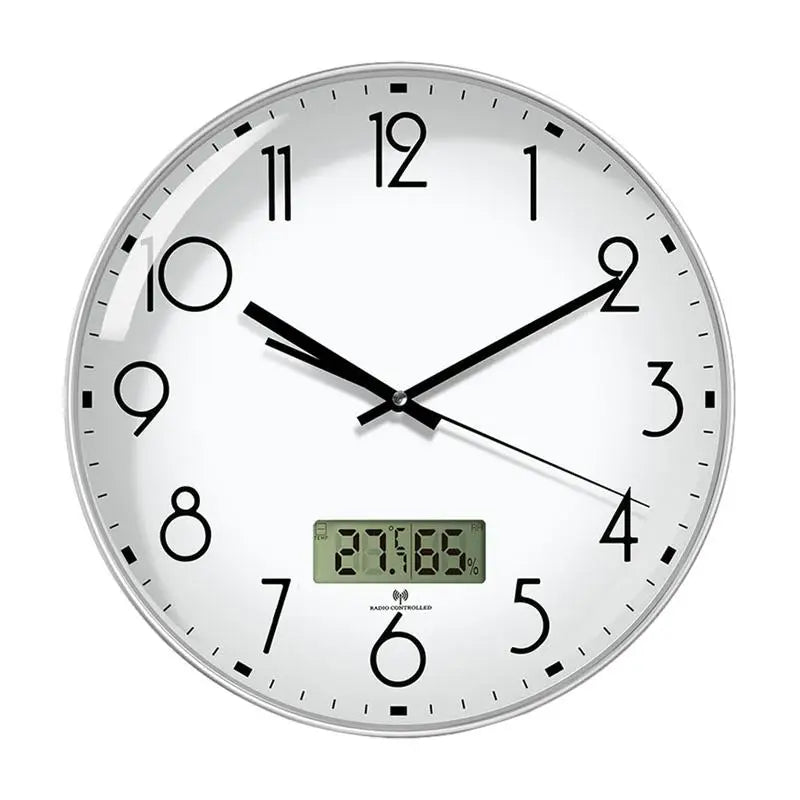 Silver Wall Clock Battery Operated with LCD Display, Non-Ticking, Kitchen, Temperature and Humidity, 12" 