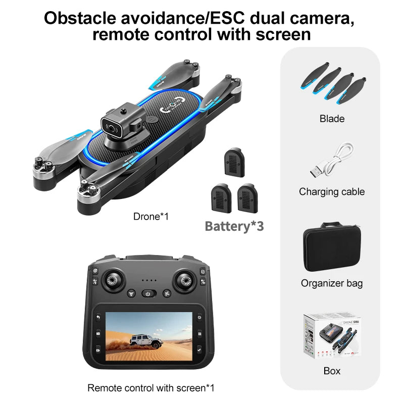 Drone S186 2025 – Double Caméra 8K HD avec Écran, Moteur Sans Balais et Évitement d’Obstacles
