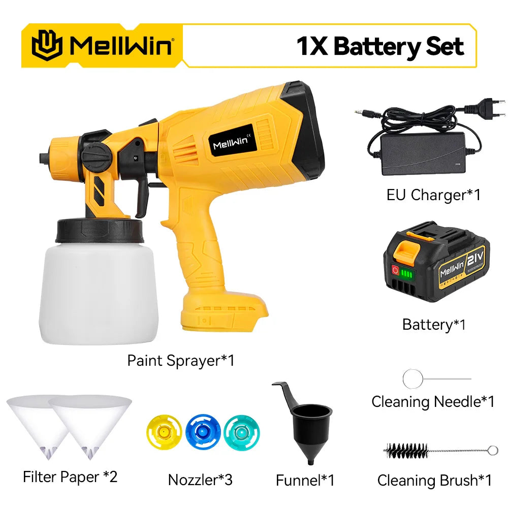 Pistolet de pulvérisation électrique sans fil MELLWIN 1000ML – Pulvérisateur HVLP pour meubles, voiture et usage domestique avec broche Makita 18V