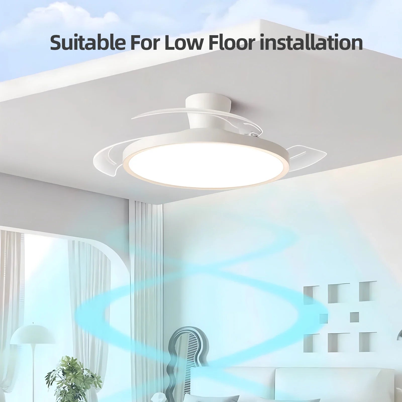 Ventilateur de plafond moderne à pales rétractables avec lumière, idéal pour salon, chambre ou appartement