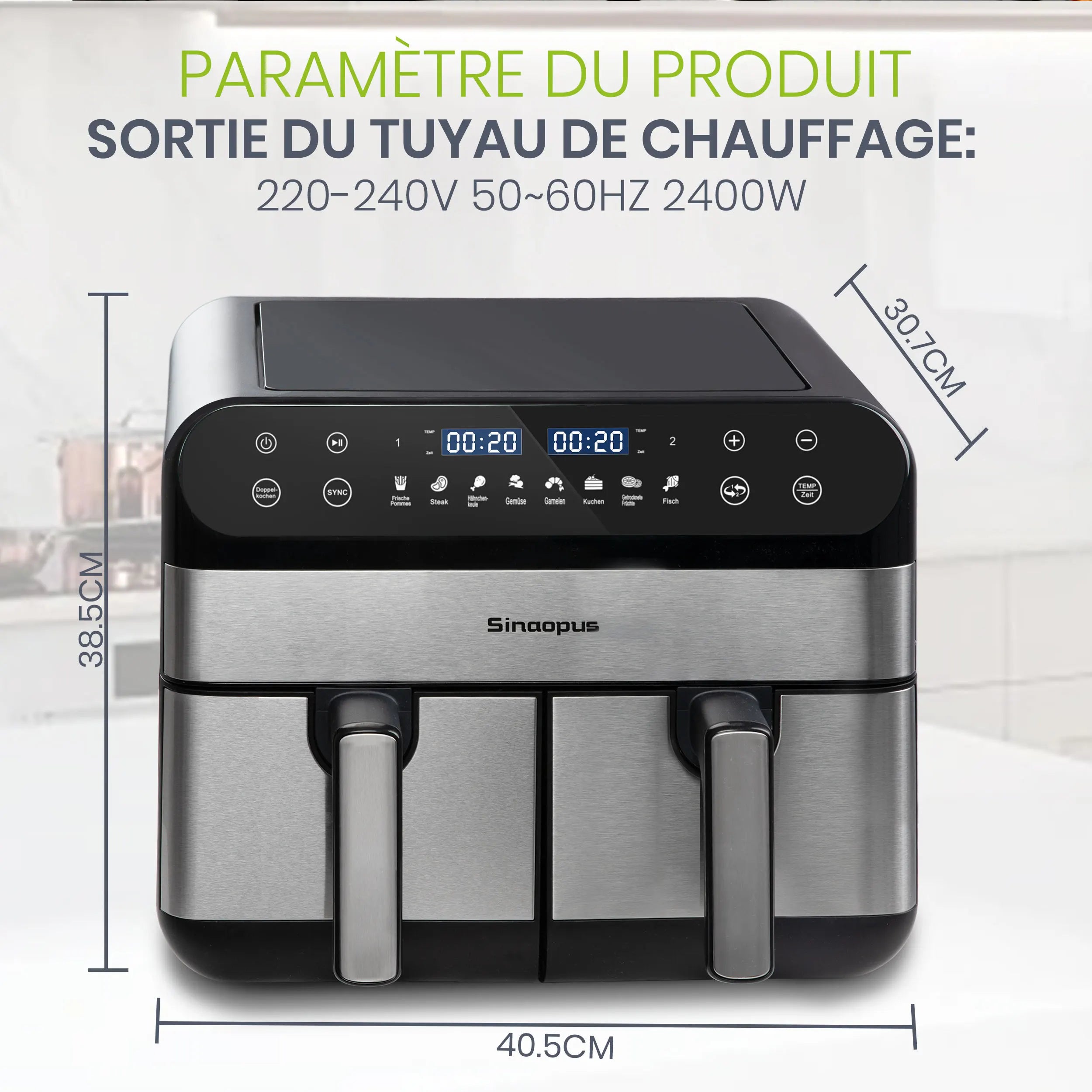 Friteuse à Air Chaud à Double Panier 10 L 2400 W – LED Tactile, 8 Programmes, Cuisson Sans Huile