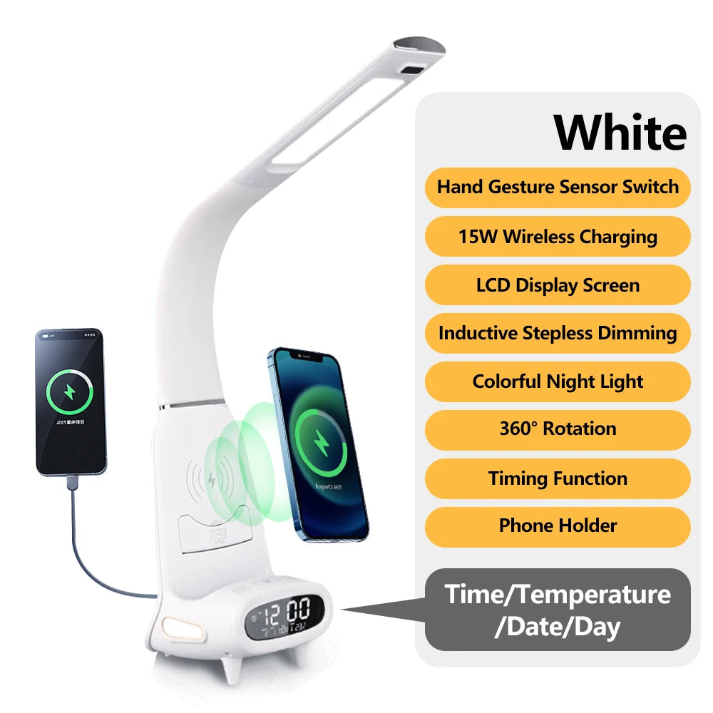 Multifunktionale Schreibtischlampe TX79 – Lesen, 15W kabelloses Laden und digitales LED-Display