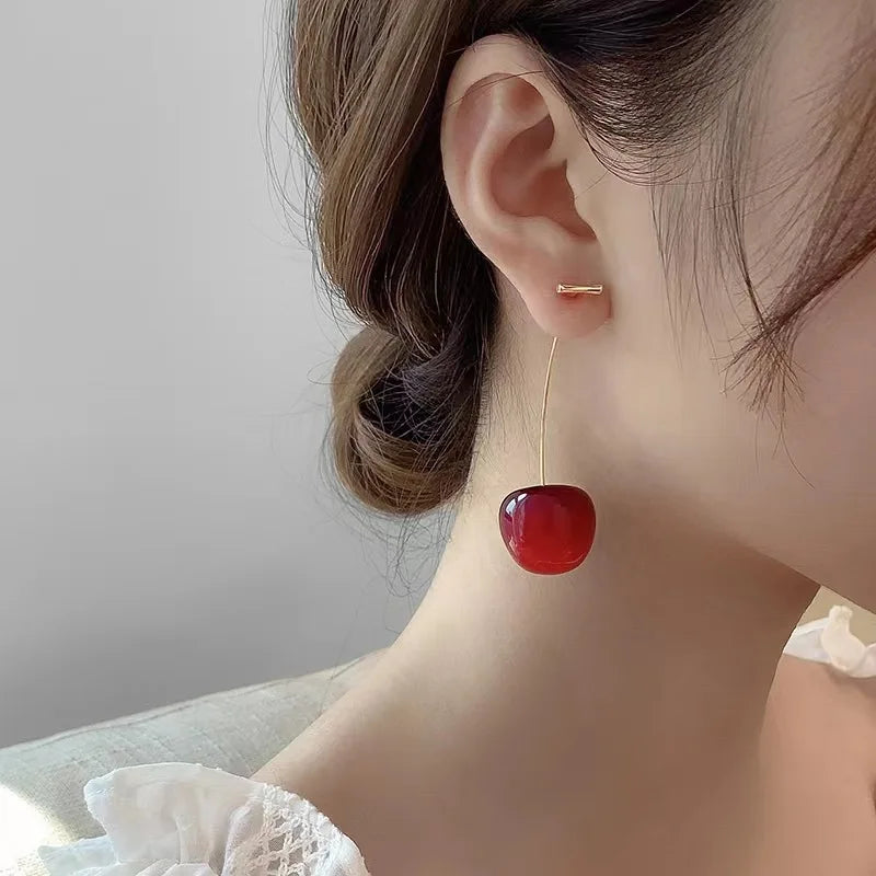 Red Cherry Earrings for Women, Delicate Fruit Design, Dangle Earrings 