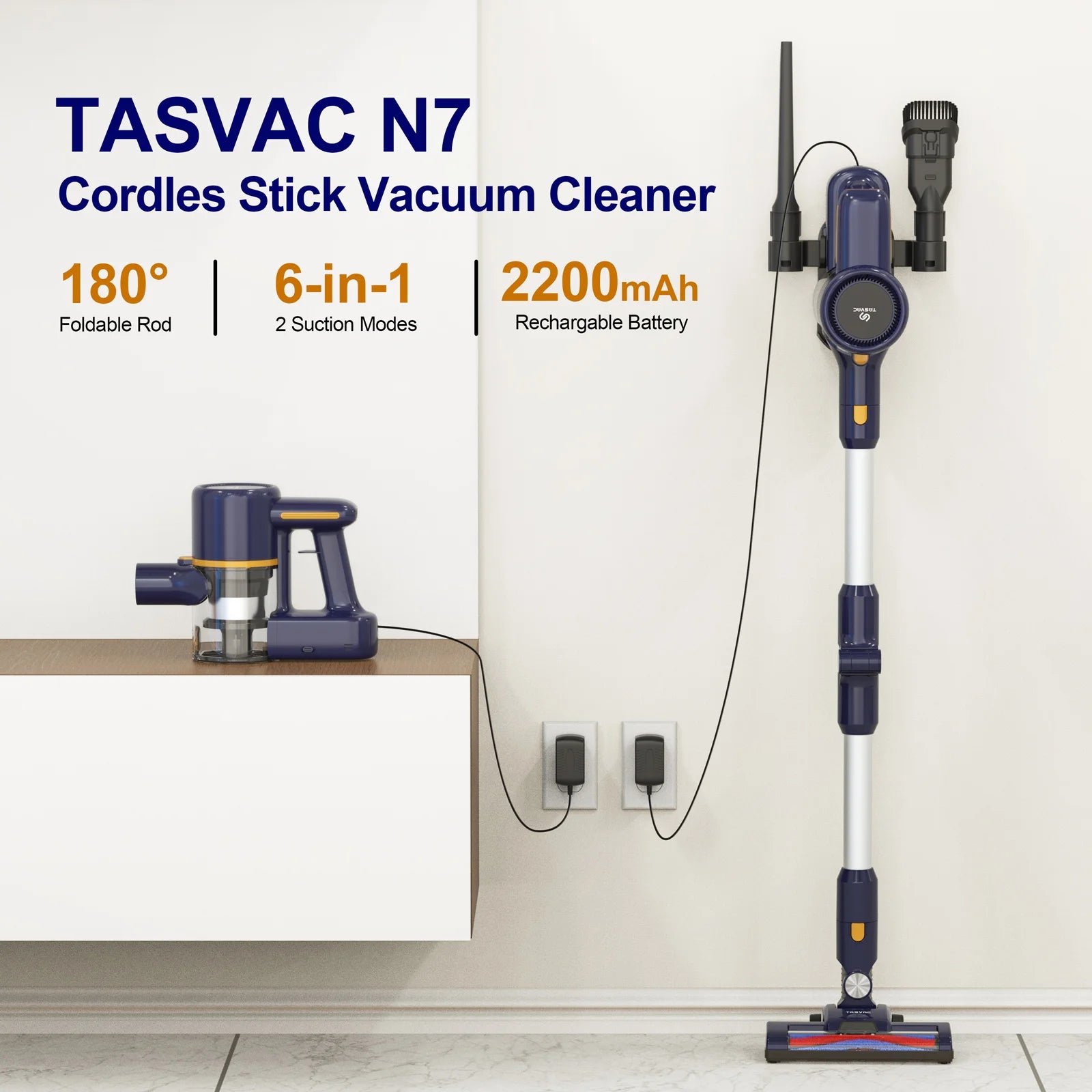 Aspirateur Balai Sans Fil N7 – 35 kPa, Bac à Poussière 1,2 L, Batterie Longue Durée, Autonomie Jusqu’à 55 min, Brosse 6‑en‑1