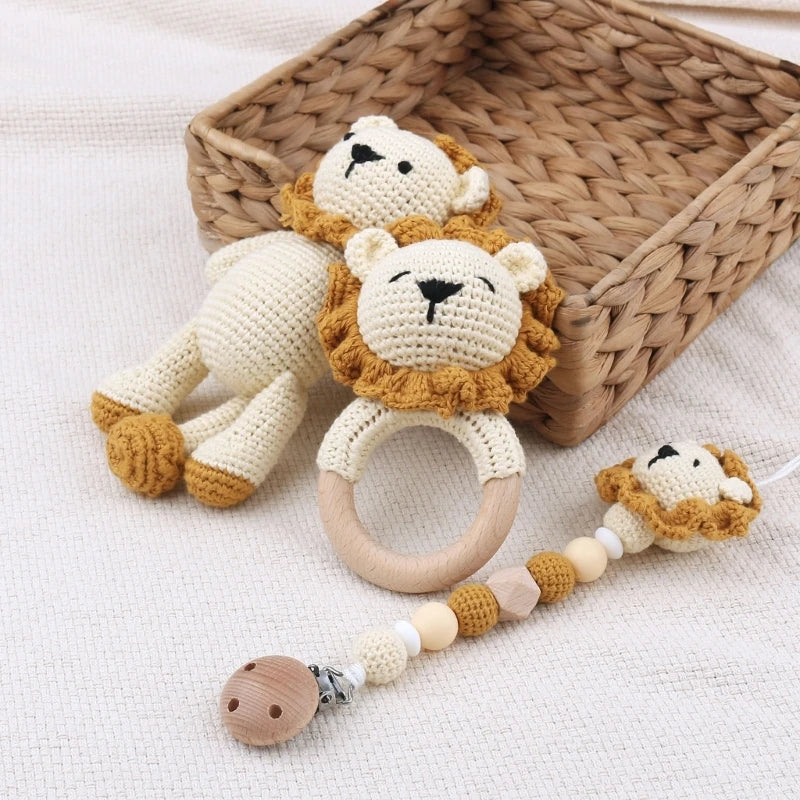 1-4pcs Newborn Baby Wooden Teether Toy Lion Shape Handmade Stuffed Animal Rattle Pacifier Clips