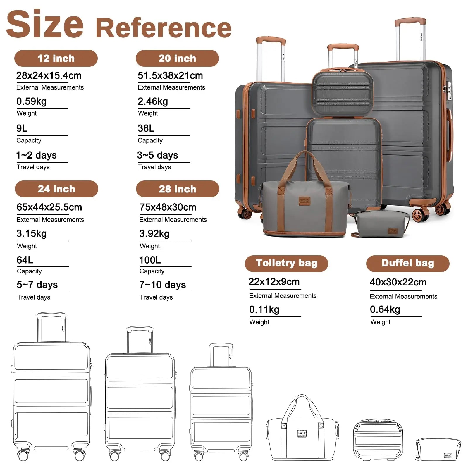 Ensemble de bagages rigides ABS KONO 4/5/6 pièces – léger, serrure TSA, valises S-M-L-XL + sac polochon et trousse de toilette